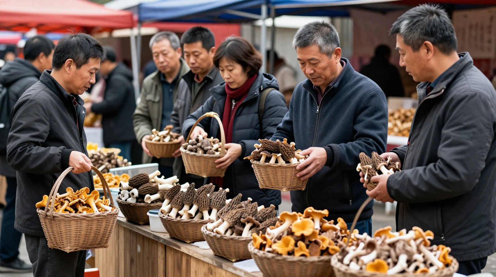 Villagers selling fresh wild mushrooms at an outdoor market in Yunnan during harvest season