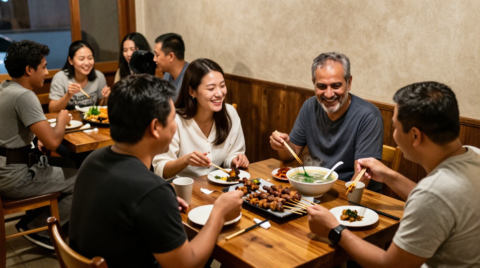 Diverse group of expats and locals enjoying dinner together in a rural Yunnan village eatery