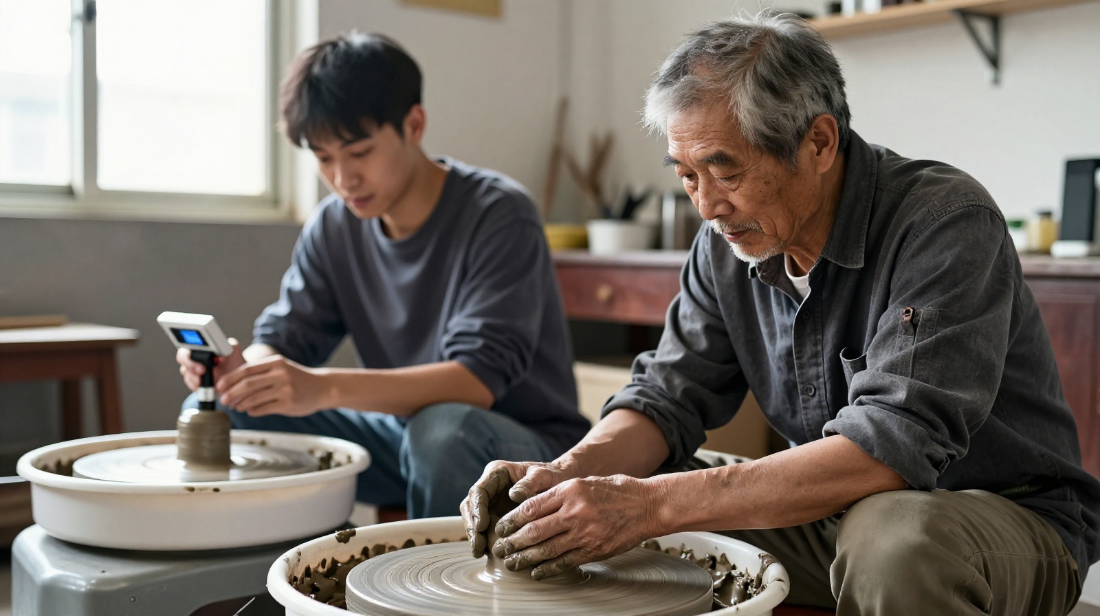 An older master potter and his young grandson collaborating on a ceramic piece using both traditional hand techniques and modern scanning technology.