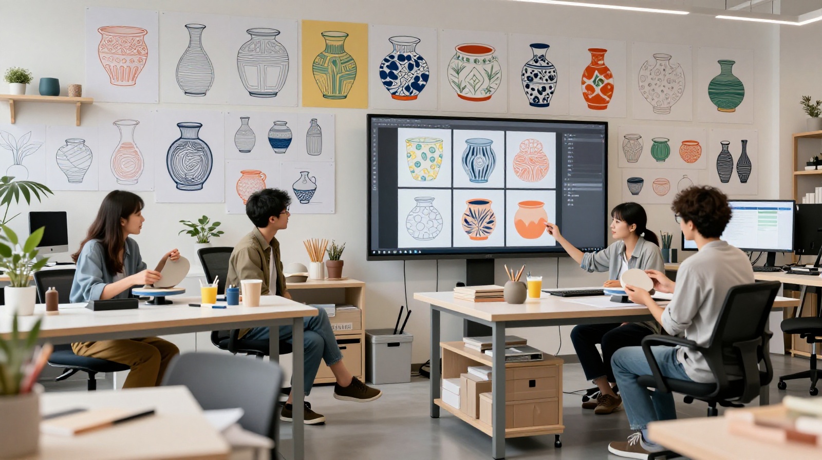 Designers in a Chinese ceramic studio using AI software to generate new patterns for traditional porcelain products.
