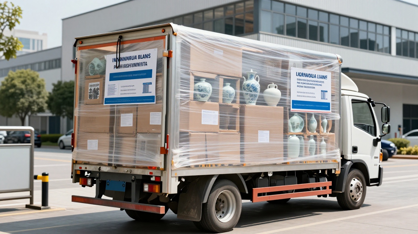 Chinese porcelain products being loaded onto a logistics truck for global shipping from a manufacturing hub.