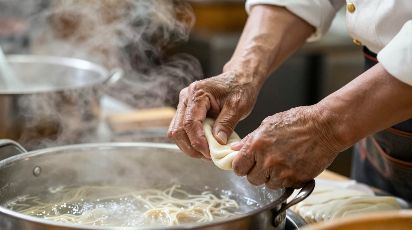 Close up of a master chef hand pulling noodles in a Lanzhou street food stall early morning
