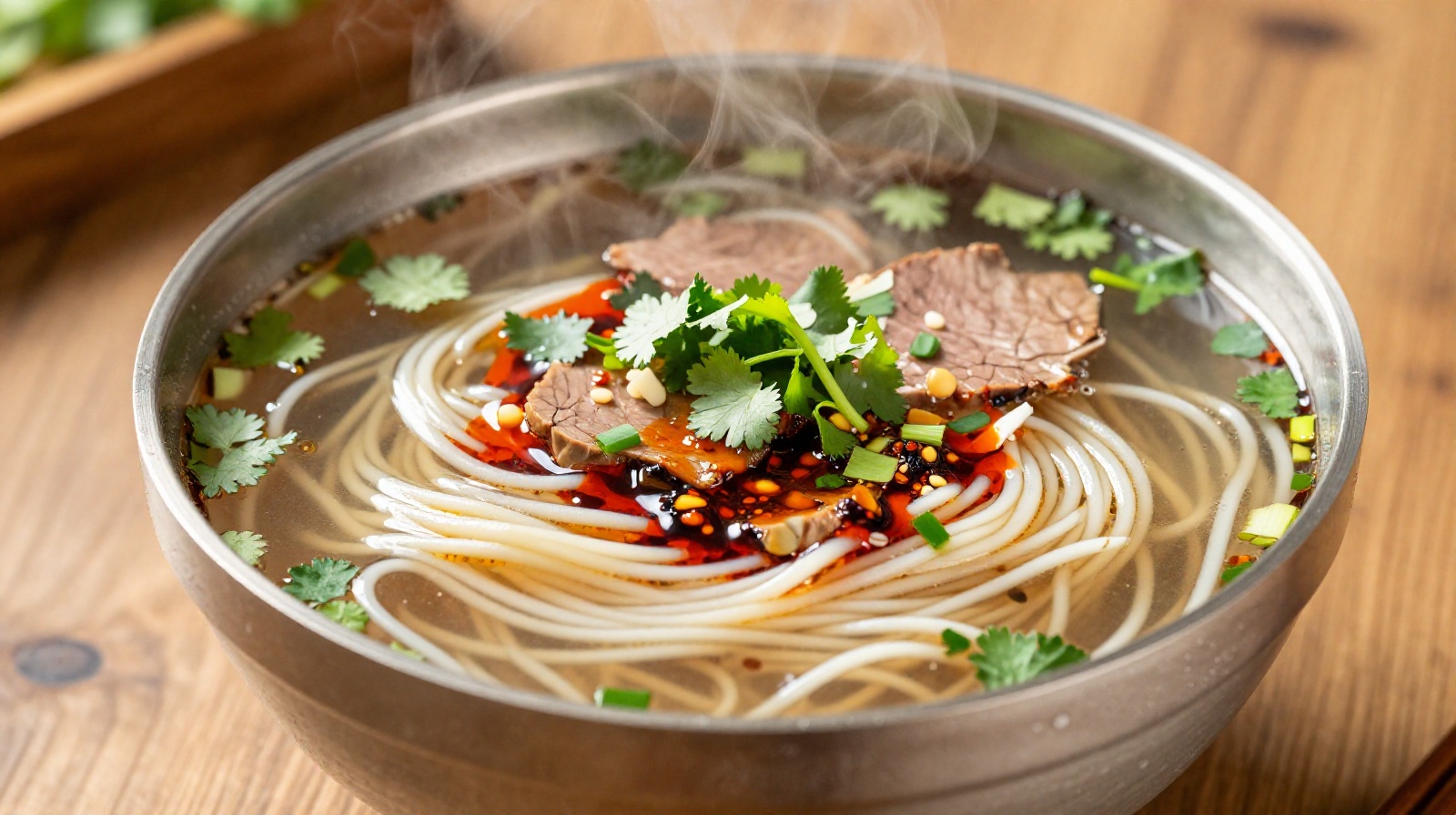 A traditional bowl of Lanzhou beef noodle soup with chili oil and cilantro