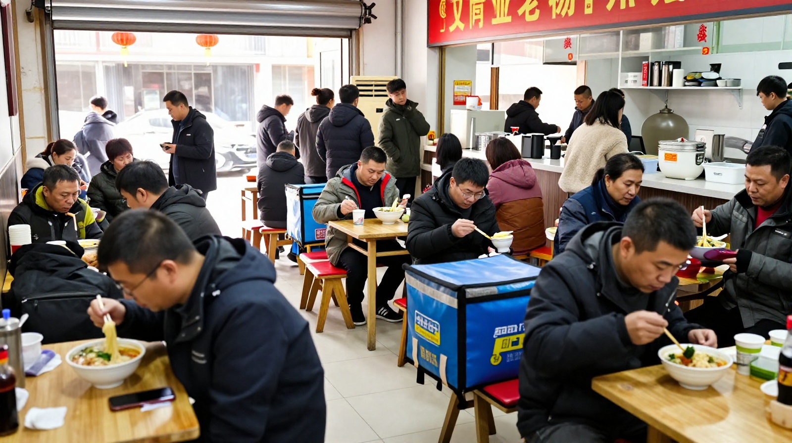 Local workers and delivery riders enjoying breakfast at a busy Lanzhou noodle restaurant