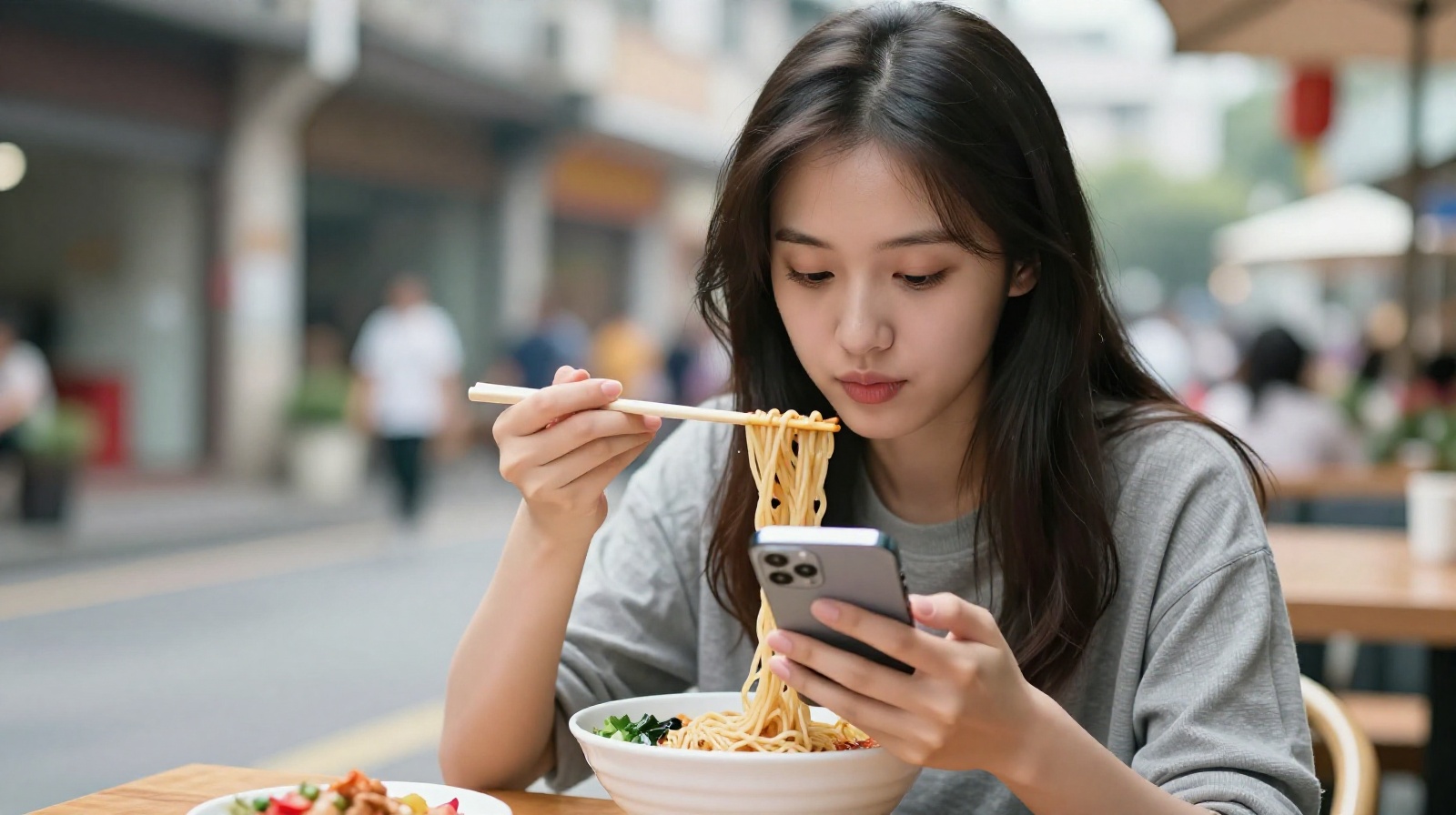 Young local resident using mobile phone while eating beef noodles in Lanzhou