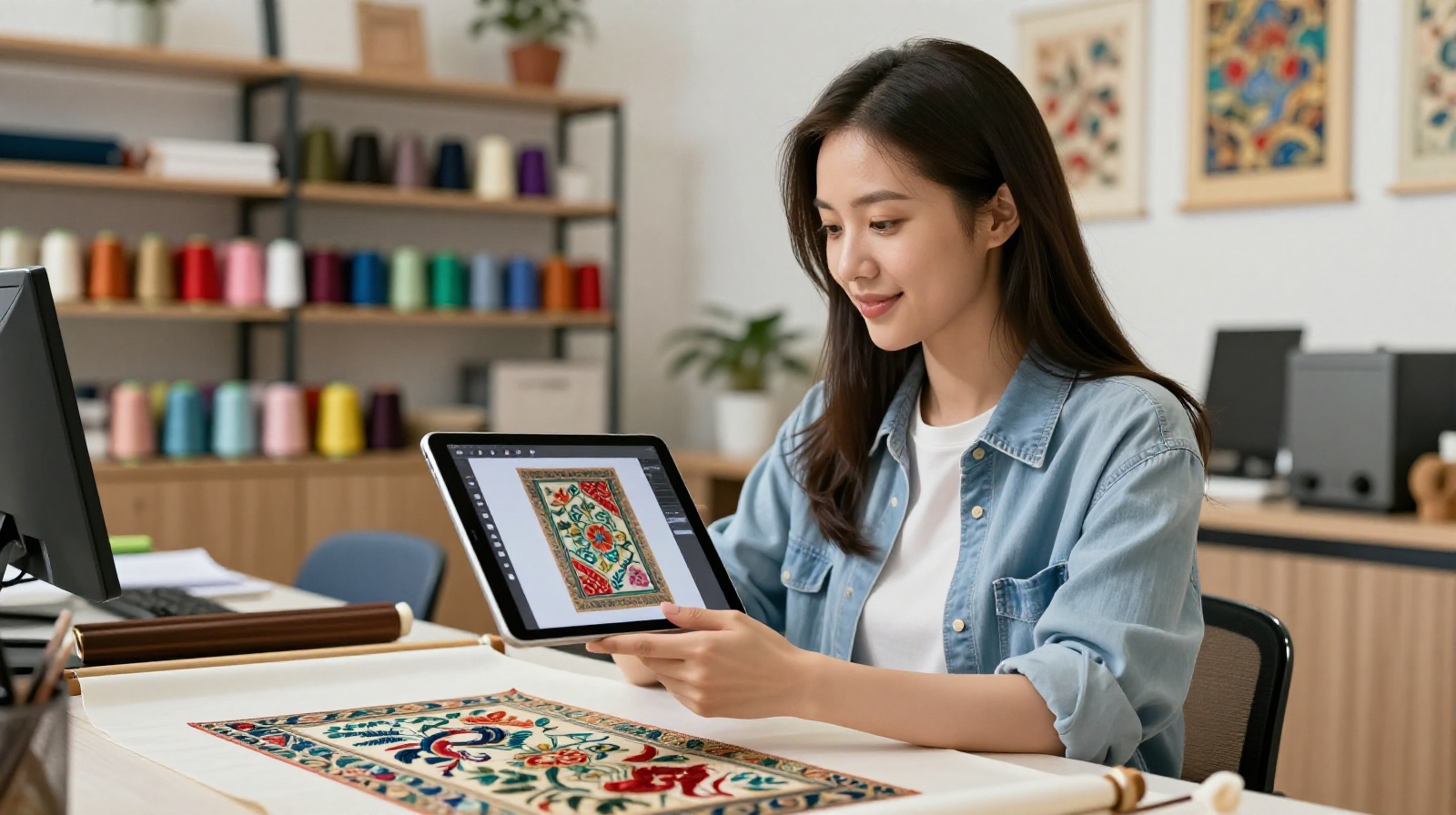 A young Chinese apprentice using a digital tablet to design patterns for traditional Suzhou double-sided embroidery in a workshop setting