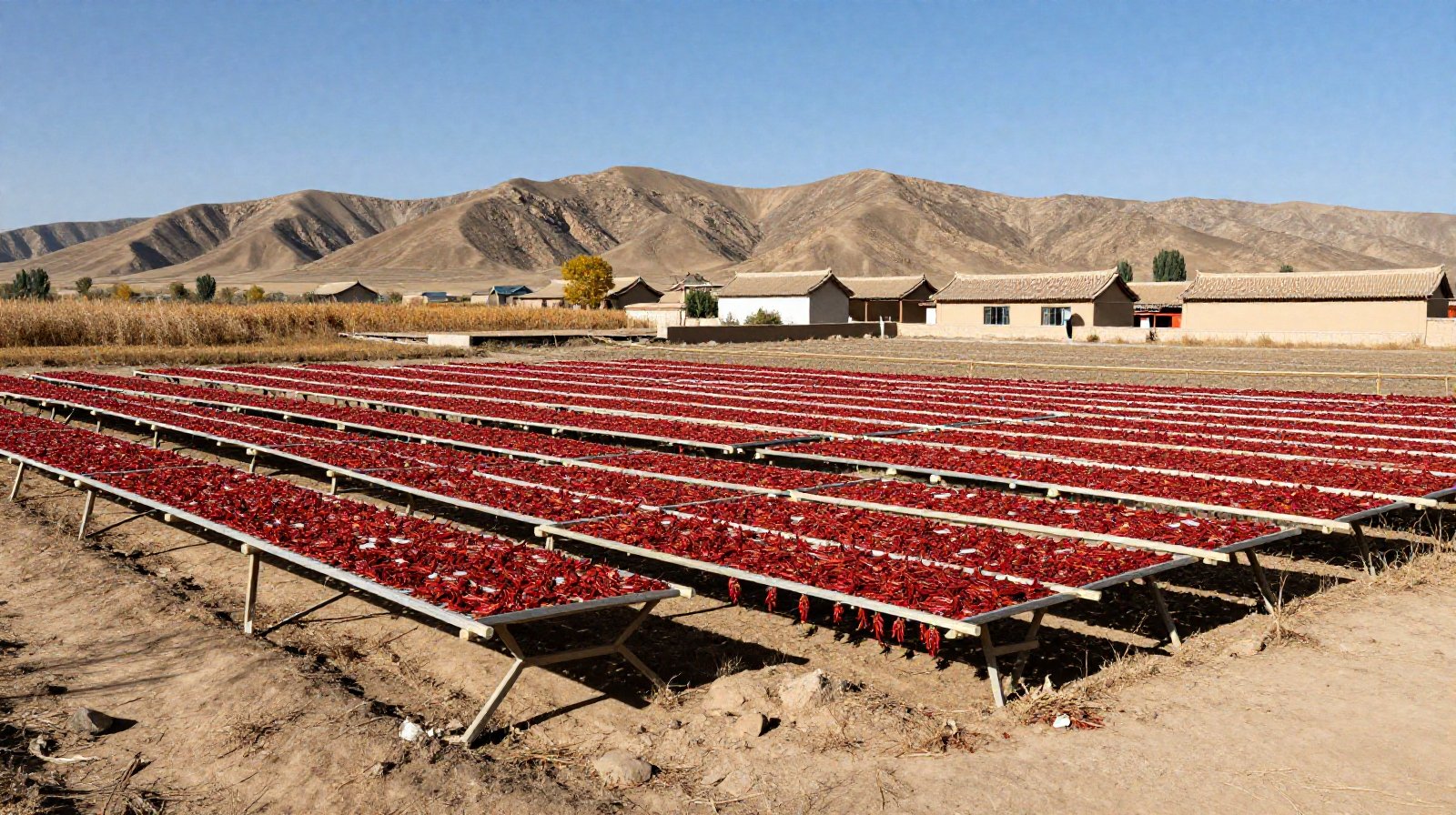 Red chili peppers drying on wooden racks in a dry field in Gansu province, representing the historical agricultural tradition of storing food for winter survival in Northwest China