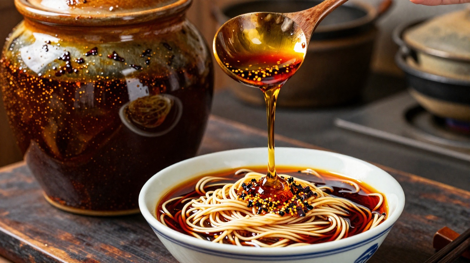 A spoon pouring rich, red chili oil over fresh noodles in a traditional Chinese kitchen setting, highlighting the importance of condiments in Gansu cuisine