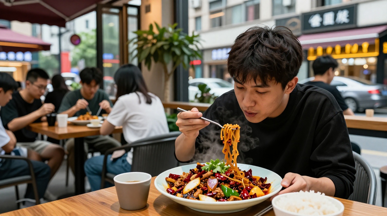 Young professionals enjoying modern fusion food in a contemporary cafe in Lanzhou, showing how new generations adapt traditional Gansu flavors