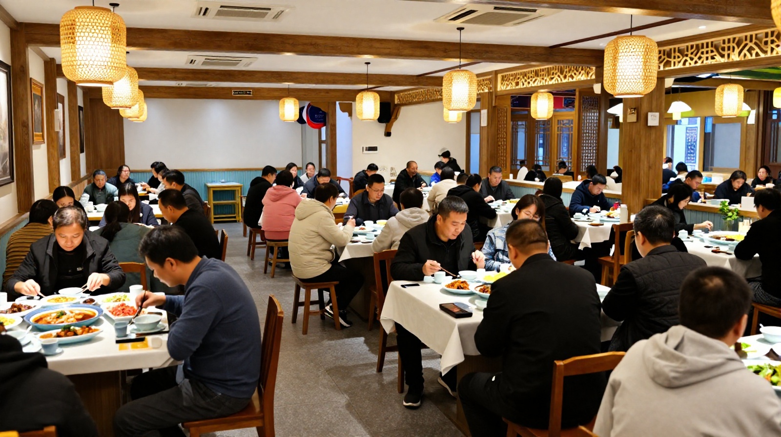 A bustling restaurant in Lanzhou serving traditional Gansu spicy noodles to a mix of locals and tourists, illustrating the global connection of regional cuisine