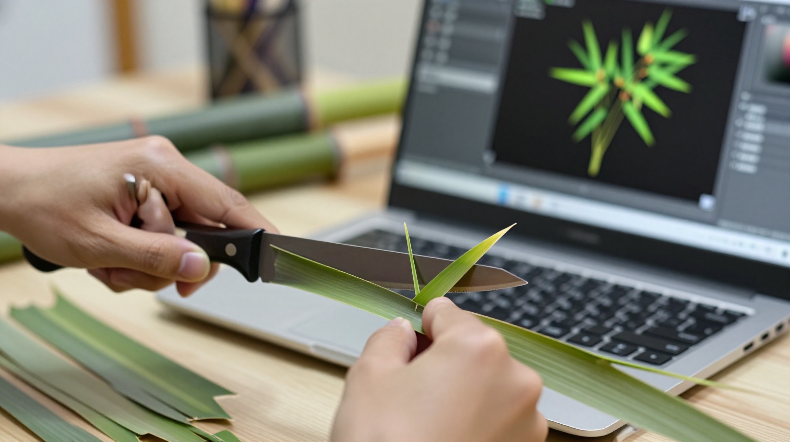 Close-up of a young Chinese designer using traditional tools and digital tablets to process bamboo for sustainable architecture projects in Chengdu