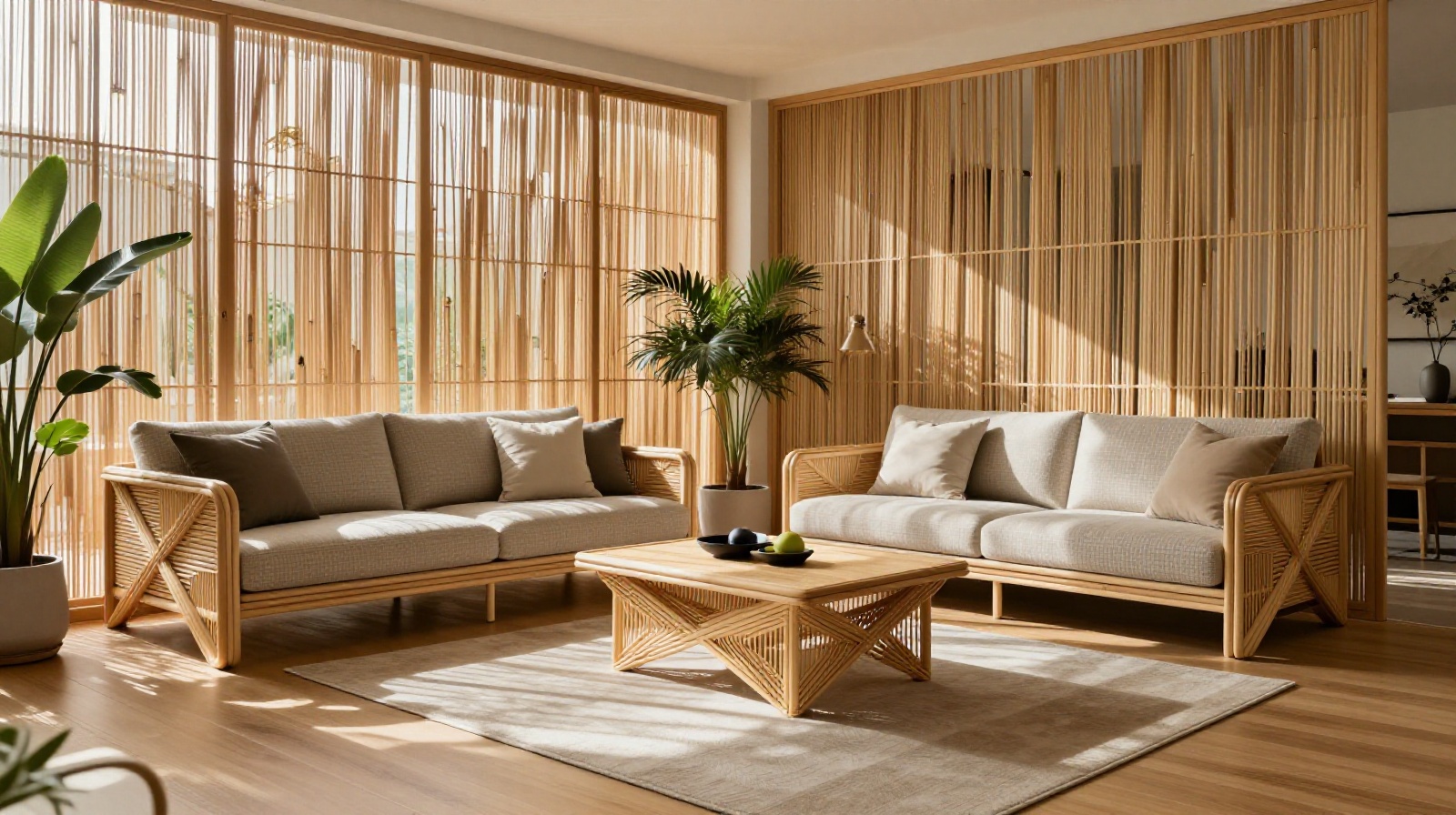 Modern minimalist apartment interior showcasing luxury woven bamboo furniture replacing plastic materials