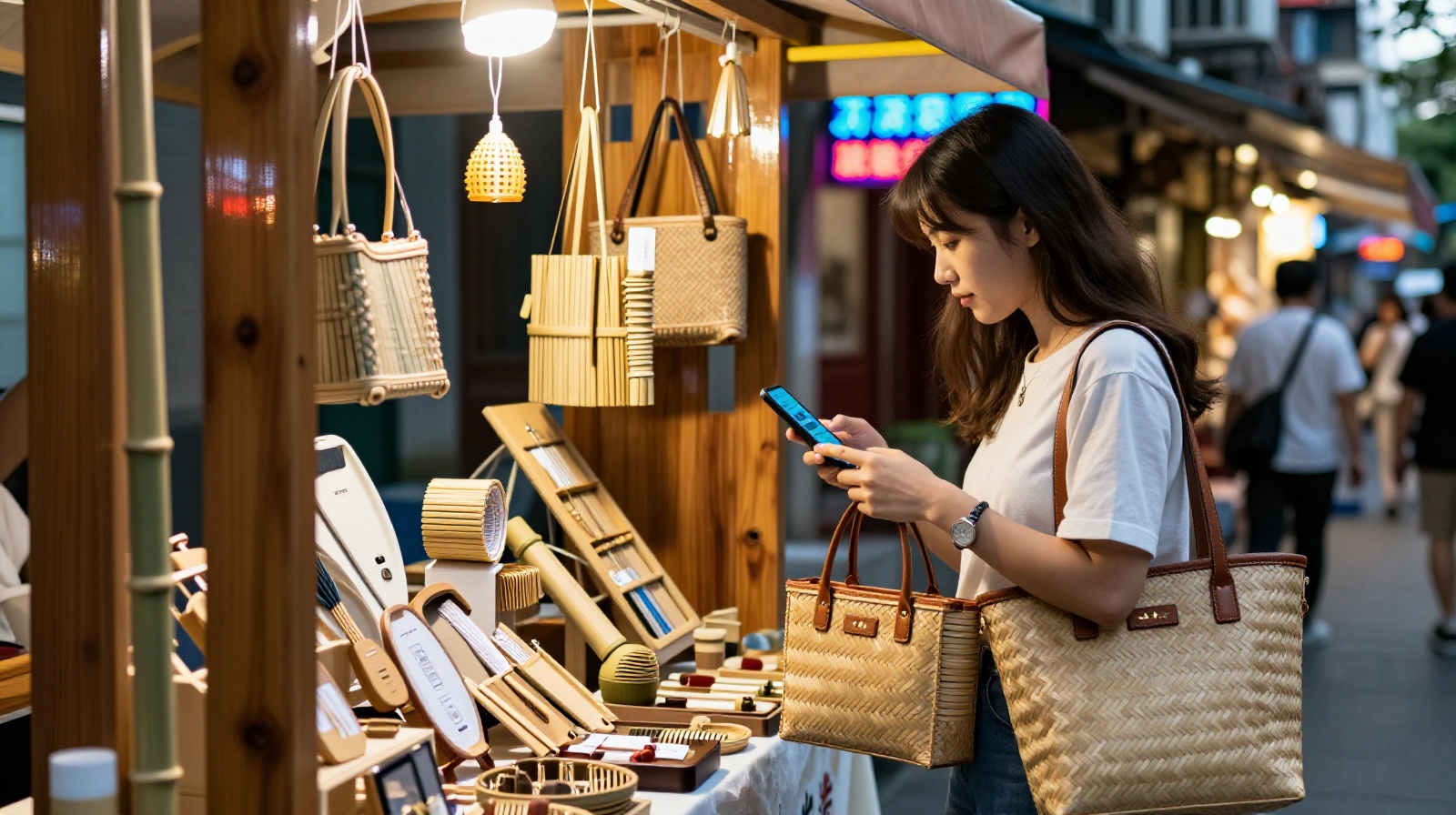 Young consumer shopping for modern eco-friendly bamboo fashion accessories at a bustling city market in China