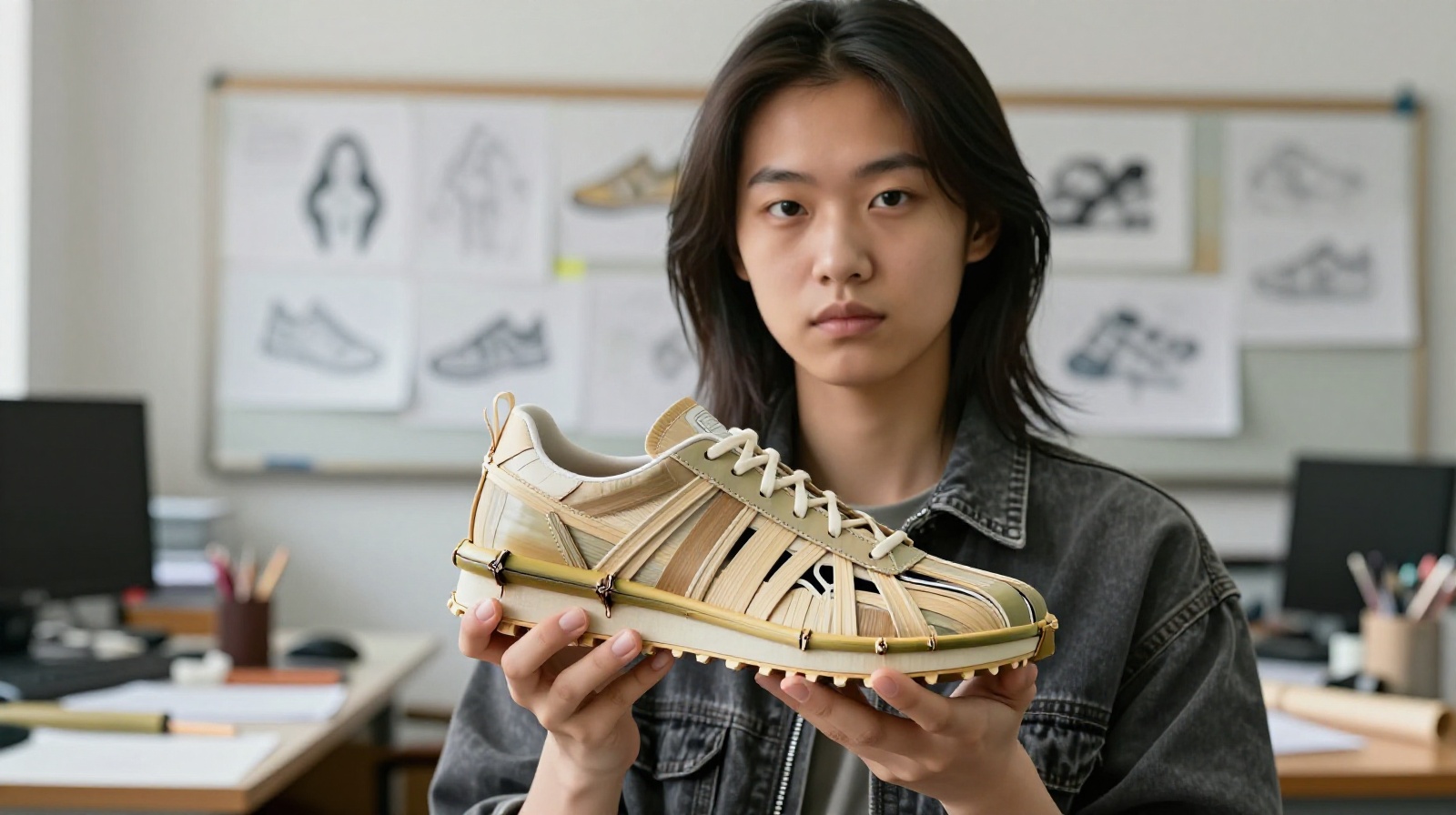 Young Chinese fashion designer displaying a futuristic sneaker crafted from bamboo weaving