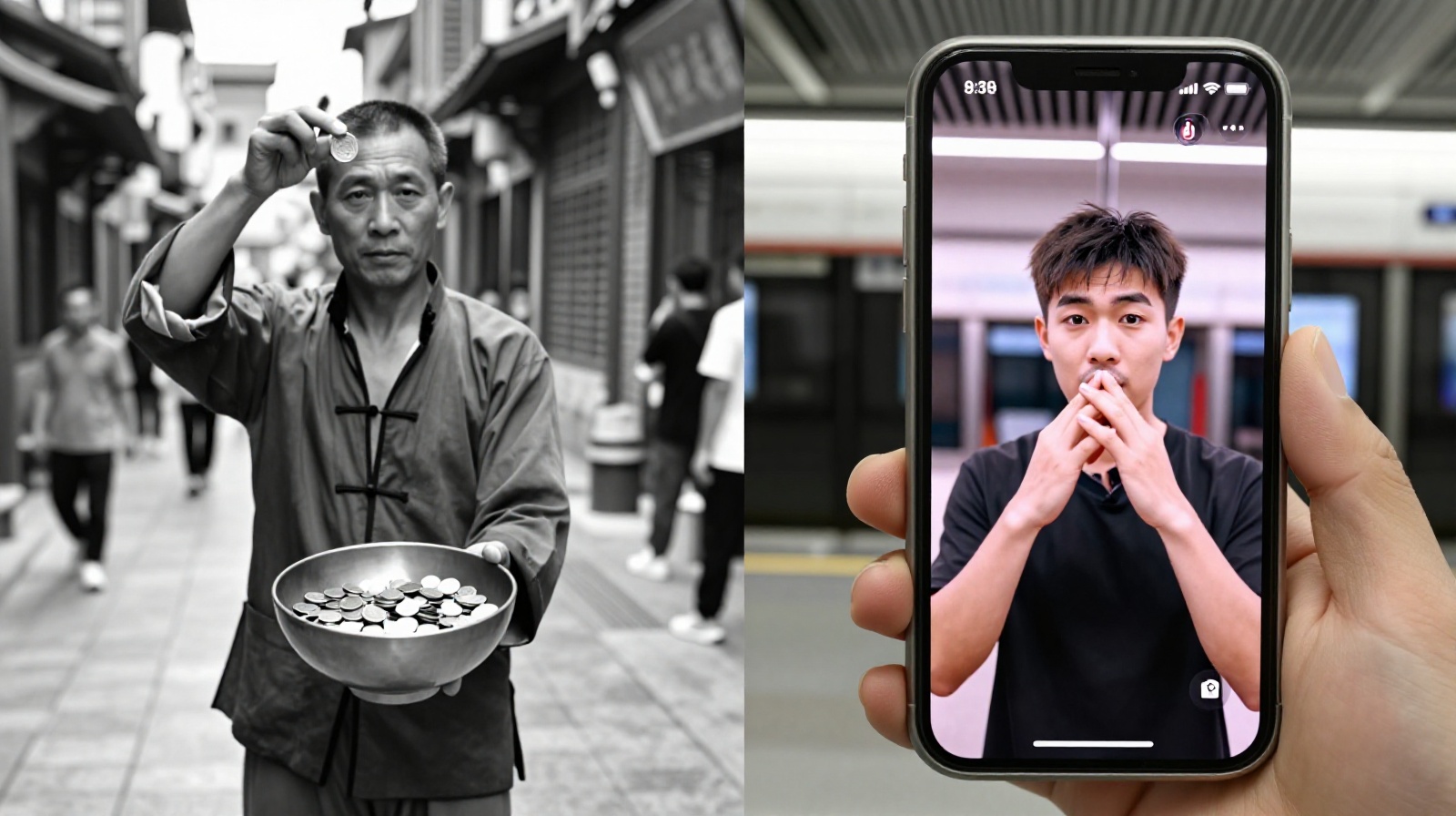 Contrast between historical traditional street performance and modern digital social media platform in China