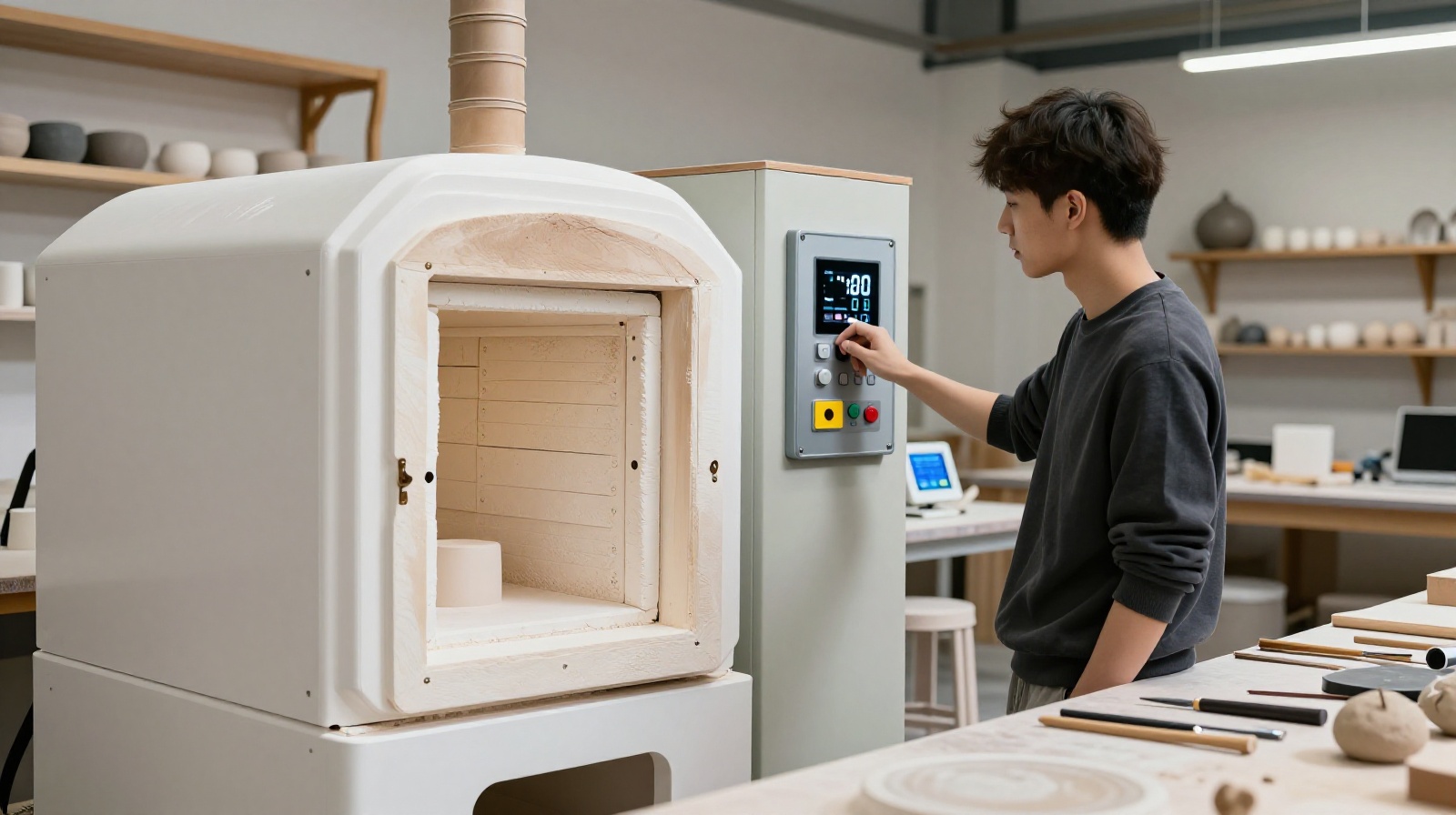 A Chinese potter using modern digital sensors alongside a traditional wood-fired kiln in Jingdezhen