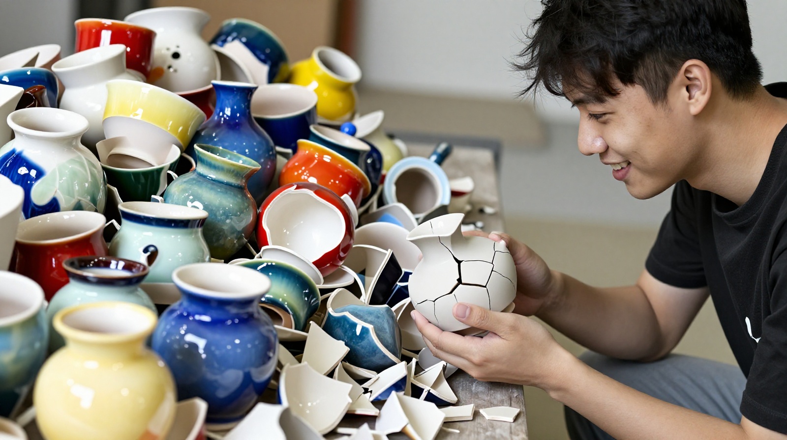 An artisan sorting through fired ceramics, celebrating imperfect and broken pieces as art