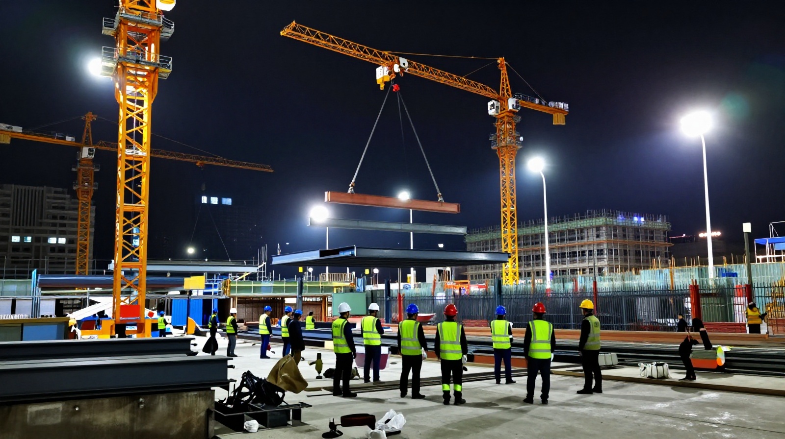 Night view of rapid hospital construction in China with workers and heavy machinery illuminated by floodlights
