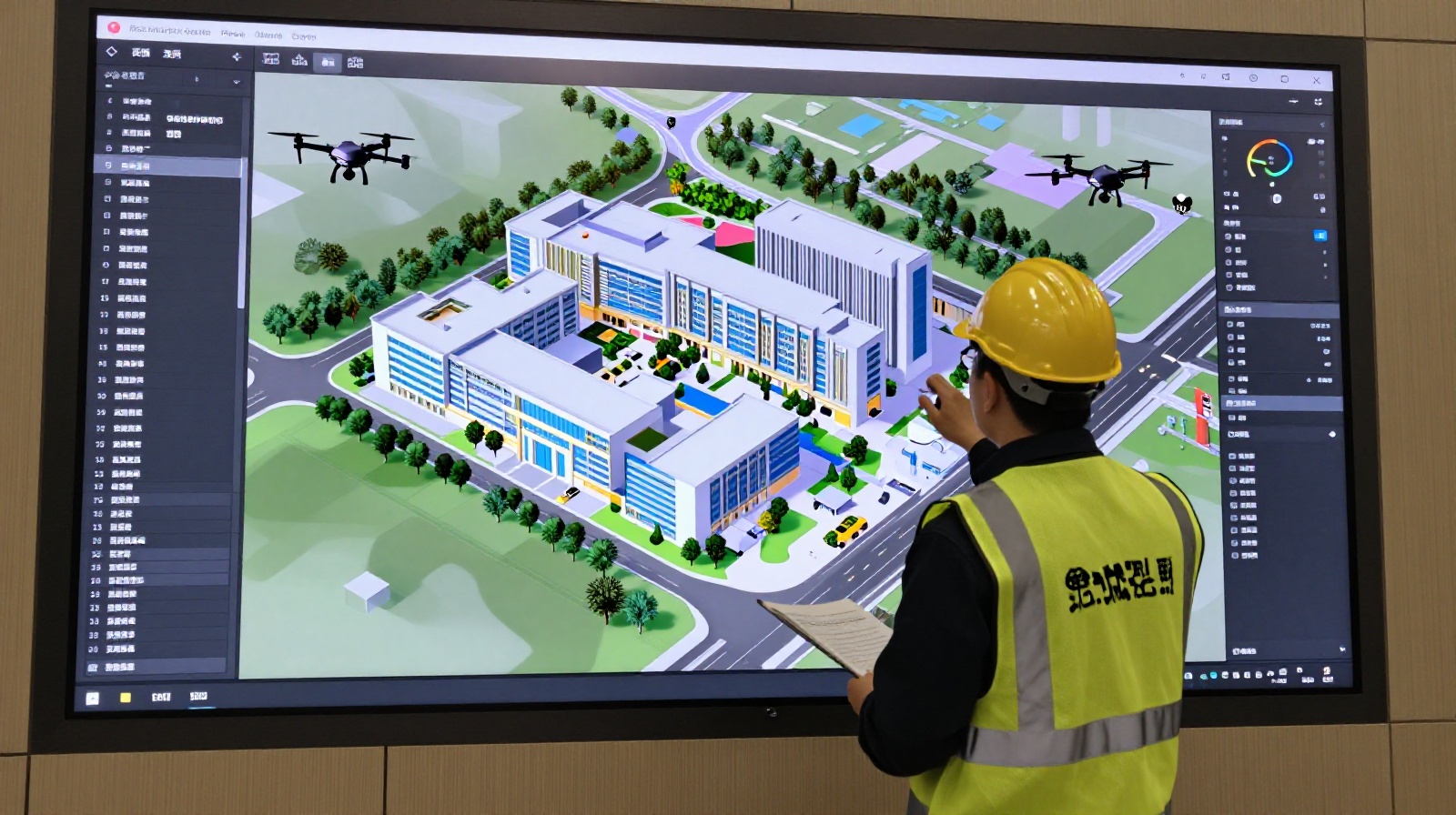 Engineer monitoring digital construction progress using BIM technology and 5G network data on a tablet