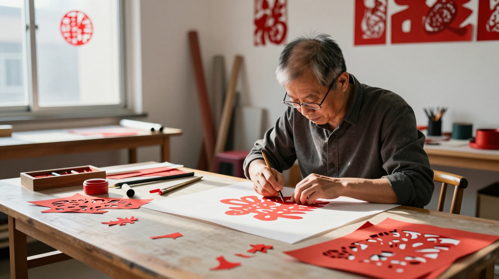 Master paper cutter working in a bright, modern studio with red paper