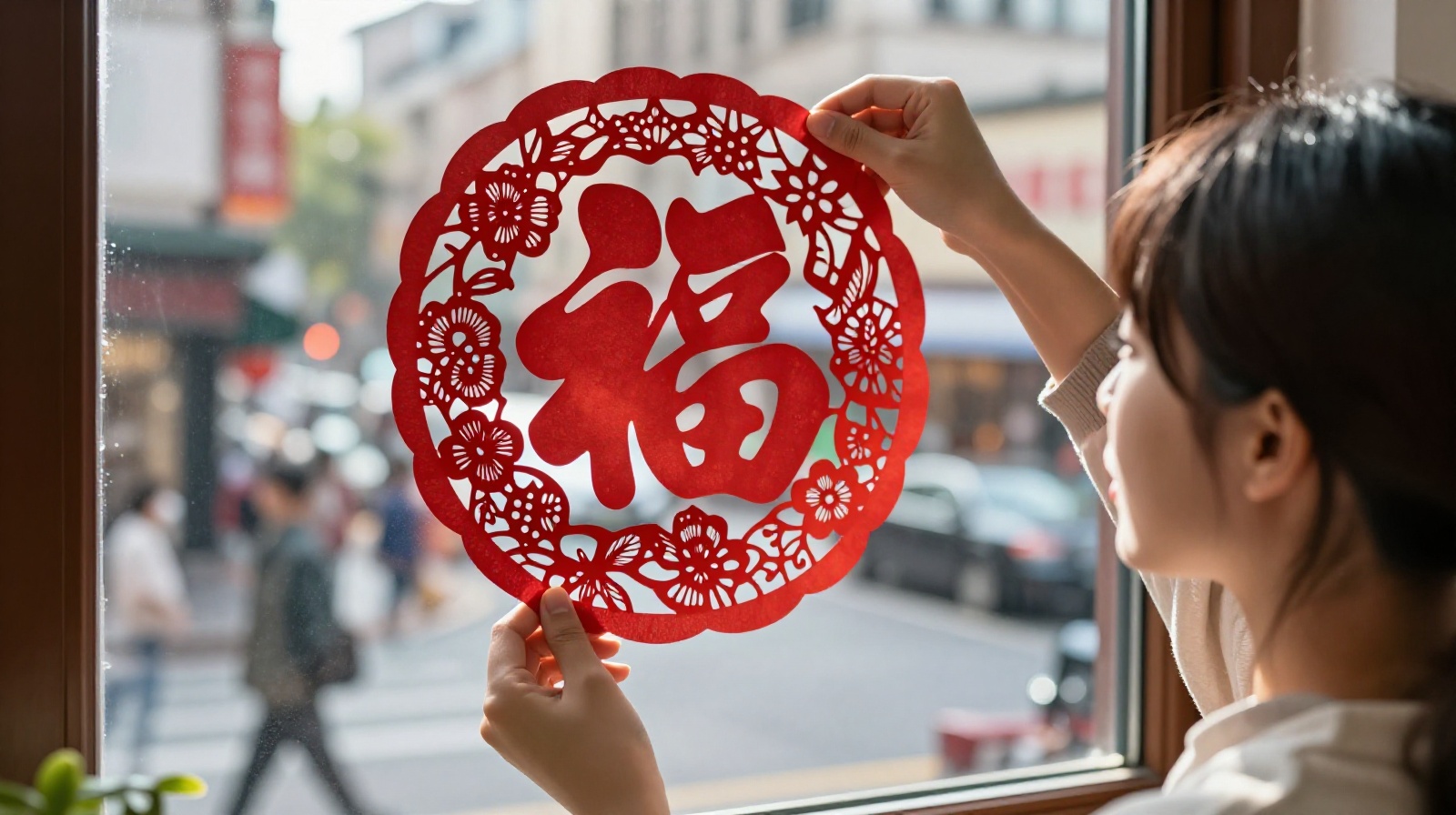 Finished complex paper cutting design held up to sunlight