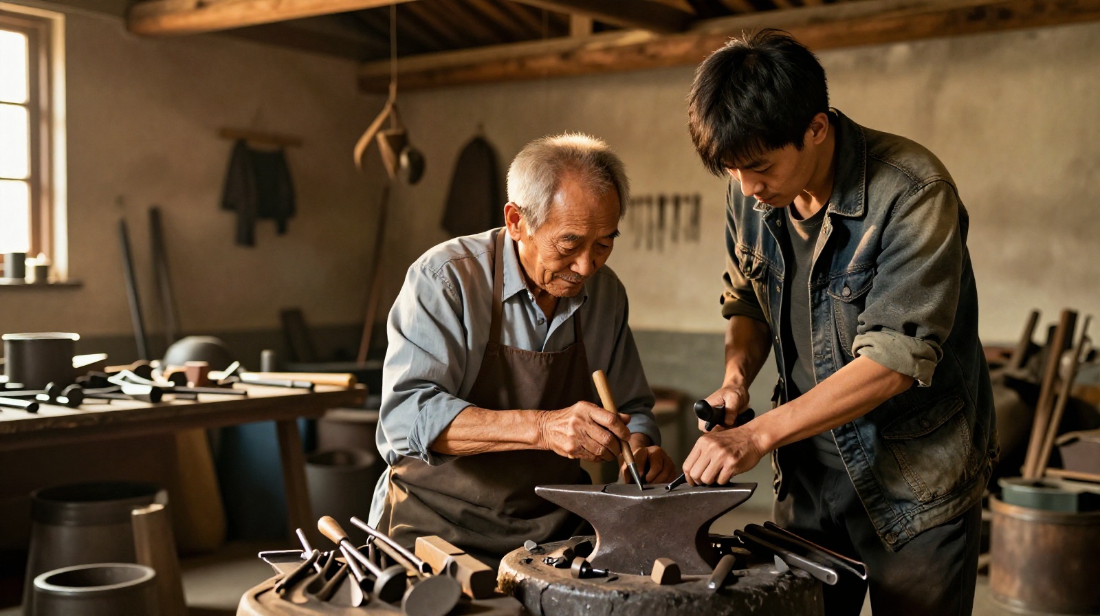Intergenerational moment of teaching and learning traditional iron-forging skills