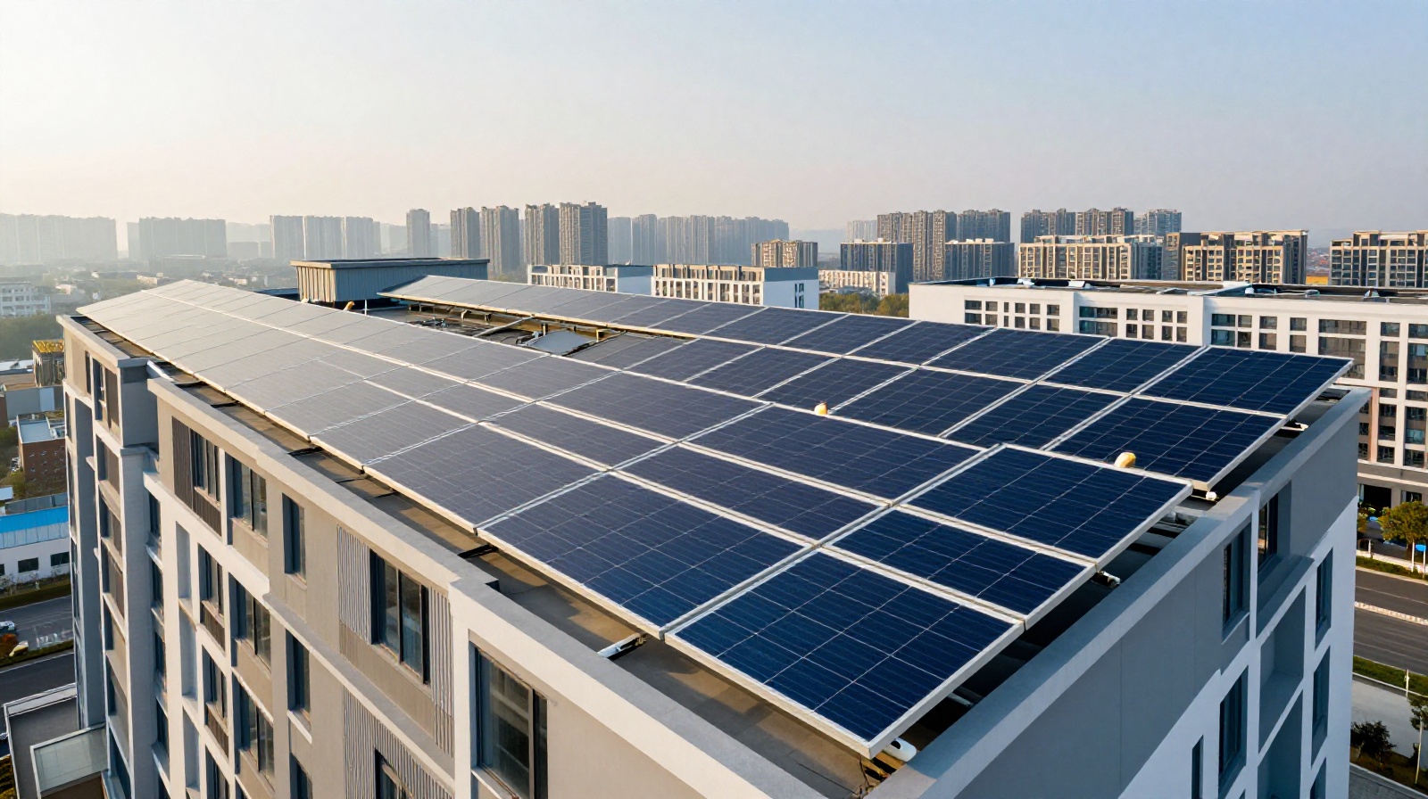 Rows of blue solar panels on a residential rooftop in a Chinese city at dawn, symbolizing renewable energy adoption