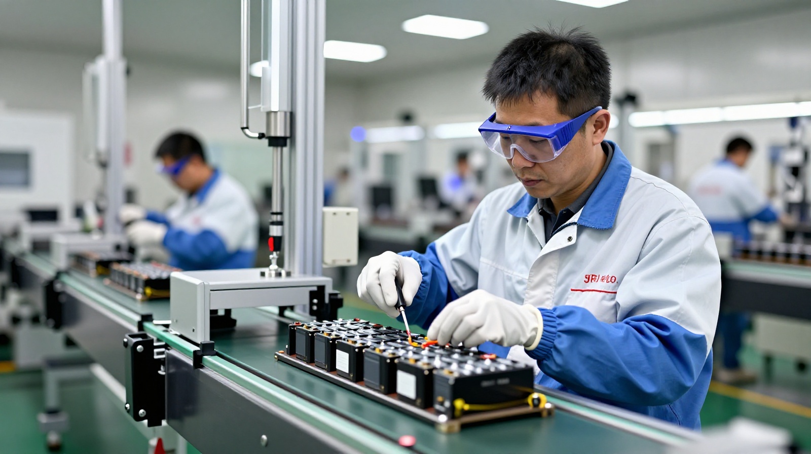 Factory worker operating advanced robotics to manufacture electric vehicle batteries in a modern Chinese facility