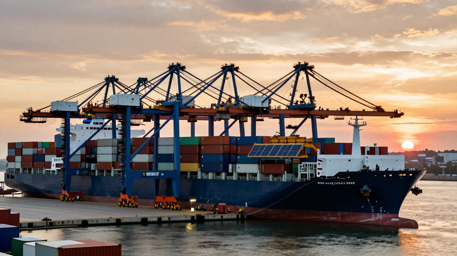 Ships being loaded with Chinese-manufactured solar panels and batteries at a major international port for global export