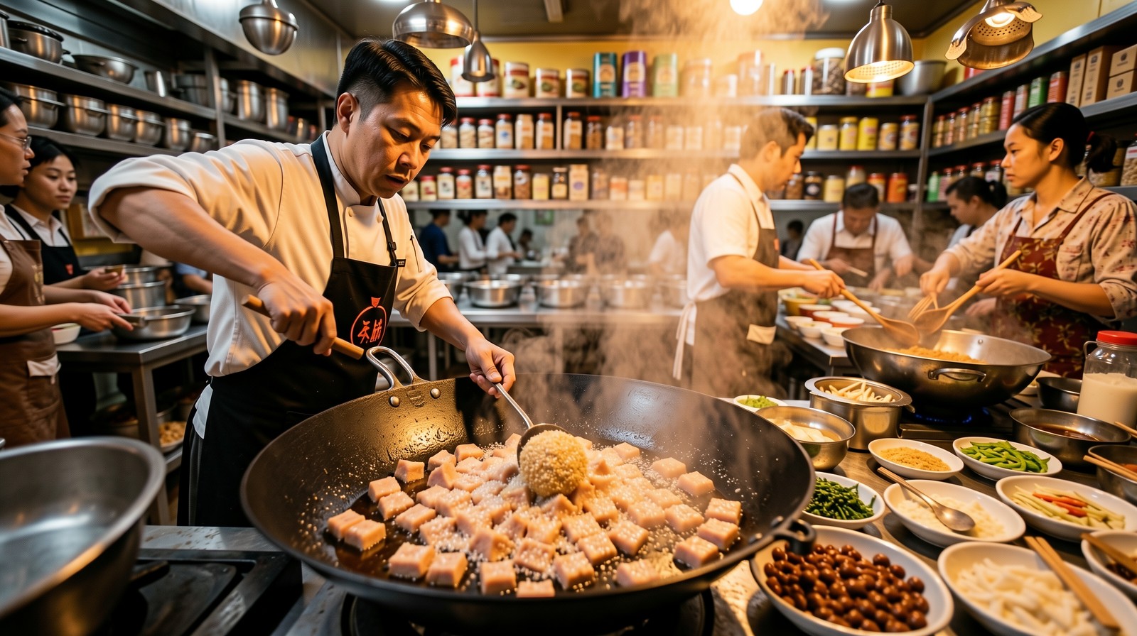 Local chef cooking Wuxi style Red-Braised Pork in a traditional kitchen with steam rising