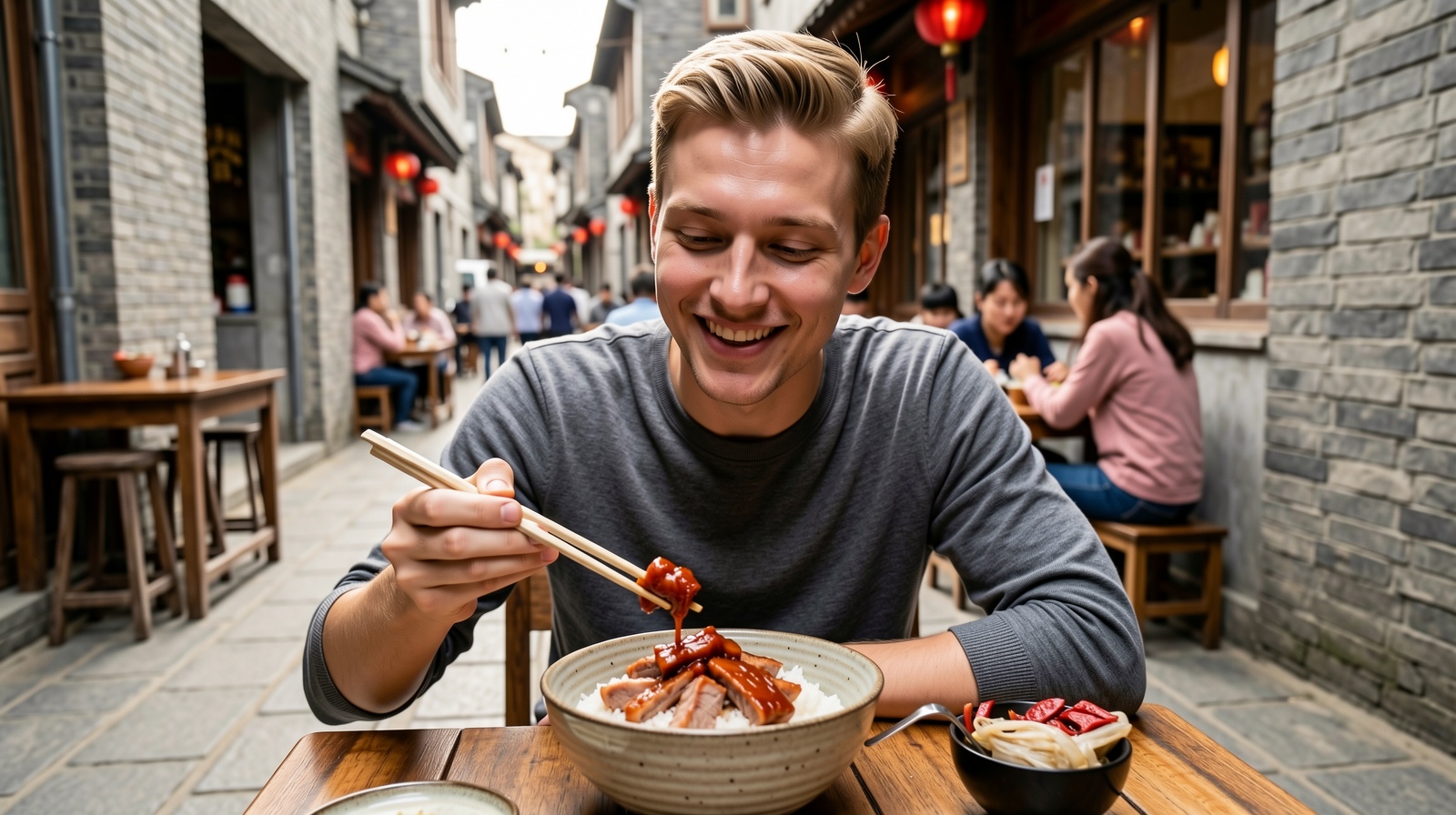 Foreign resident enjoying authentic Wuxi cuisine at a local street-side restaurant