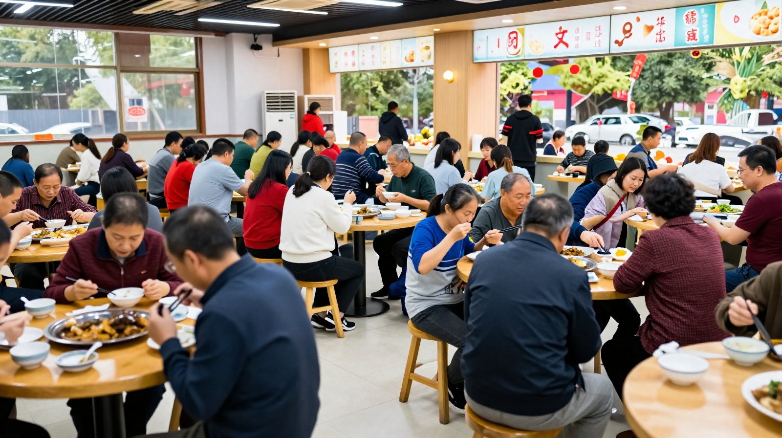 Community members sharing a meal at a local dining hall in Wuxi