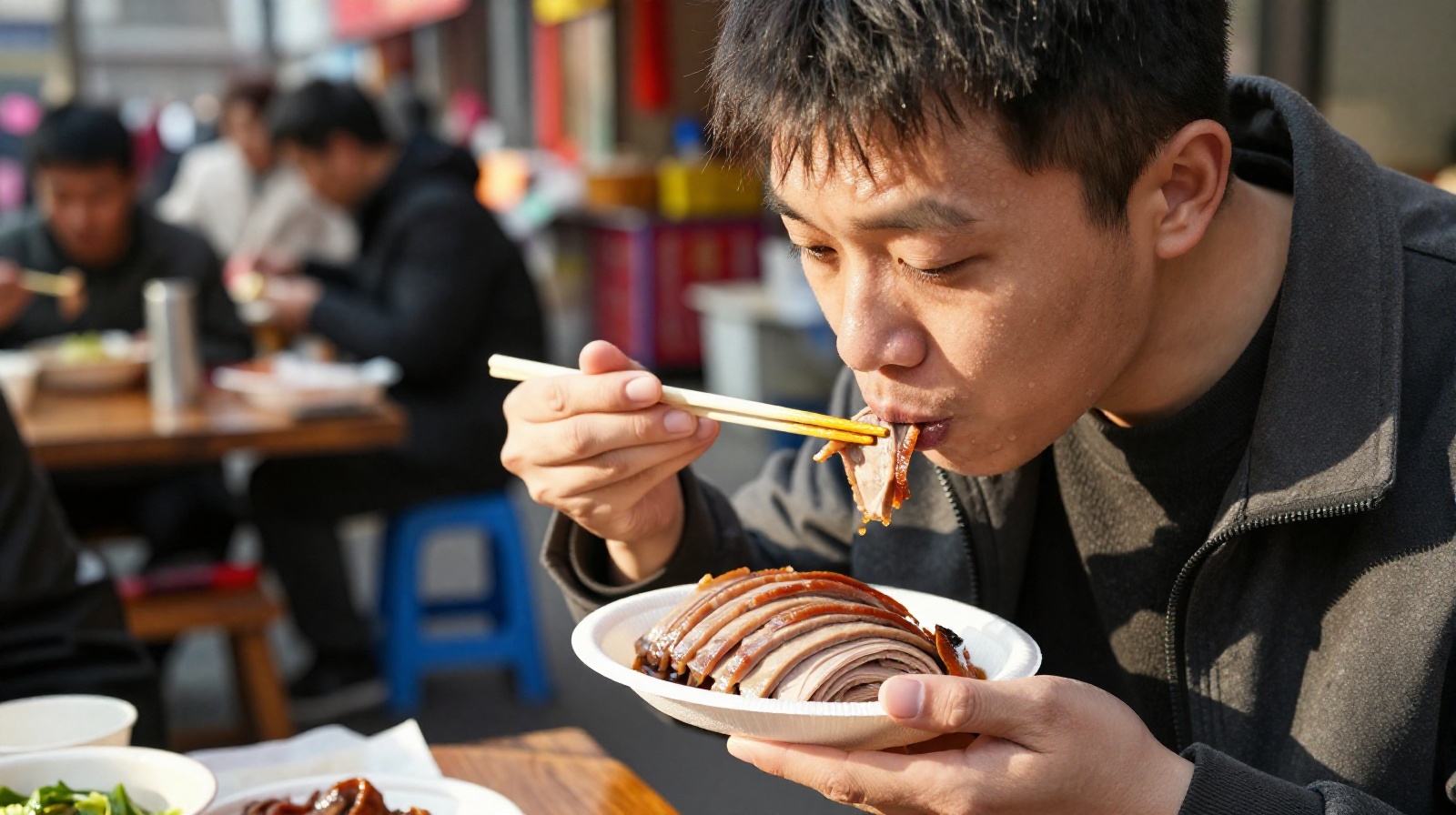A young Chinese office worker eating sliced Nanjing salted duck from a paper plate during his lunch break on a busy street
