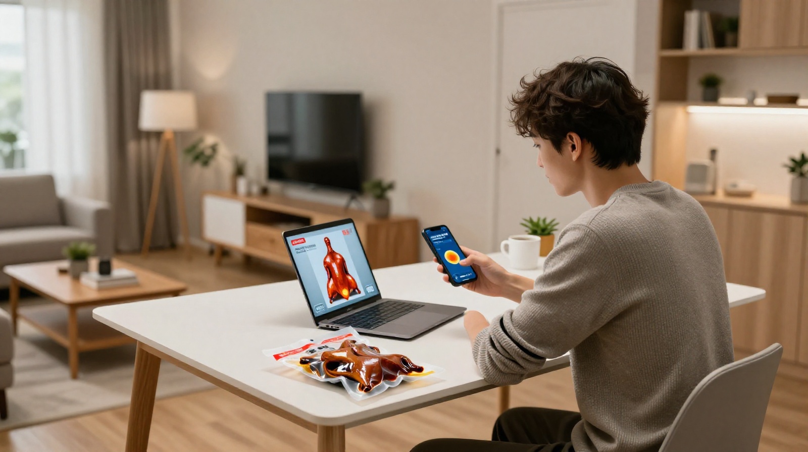A young professional in China using a smartphone to order pre-packaged traditional food delivered to their home