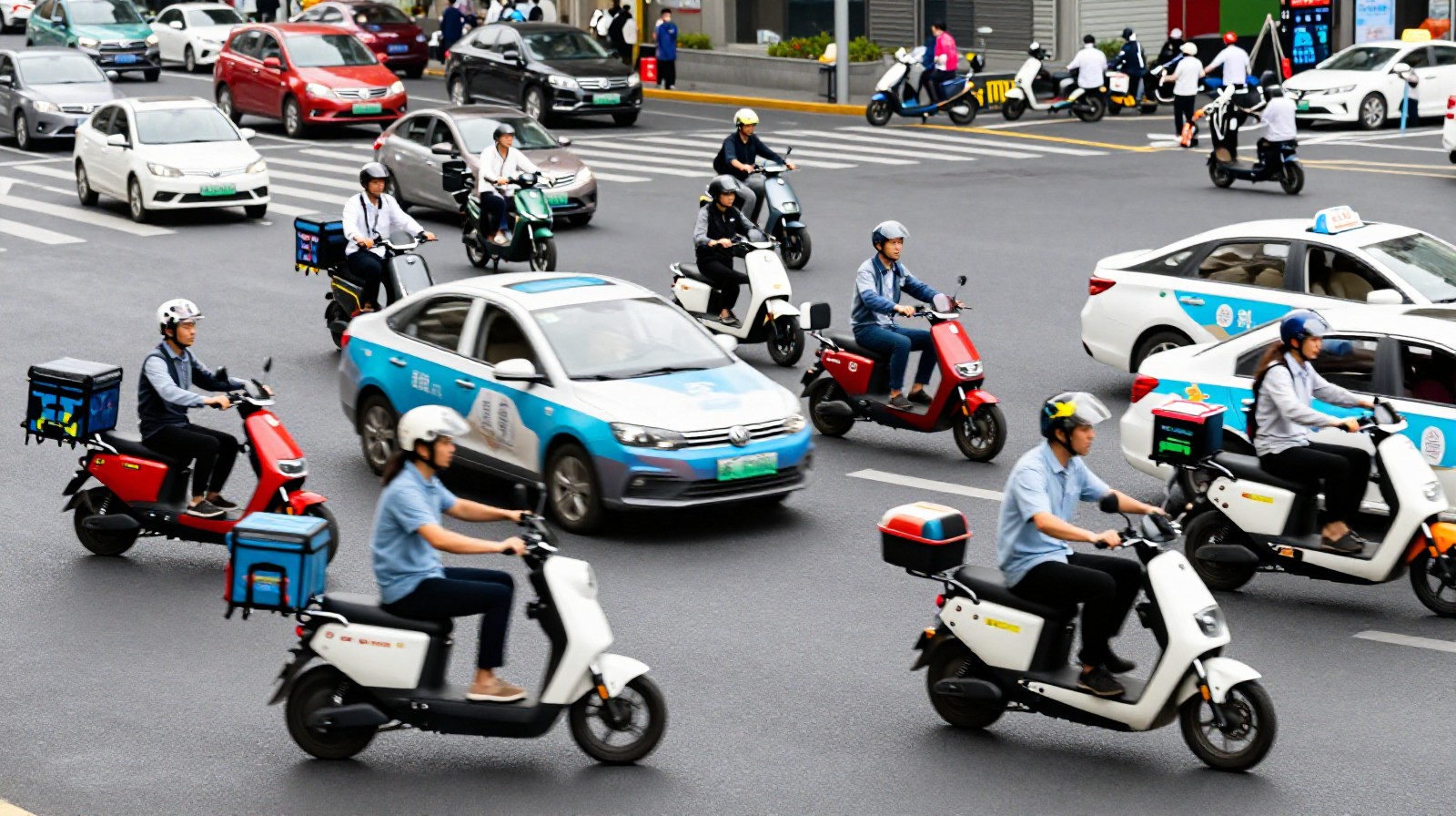 Busy street scene in China showing the widespread adoption of electric scooters and electric taxis replacing diesel vehicles