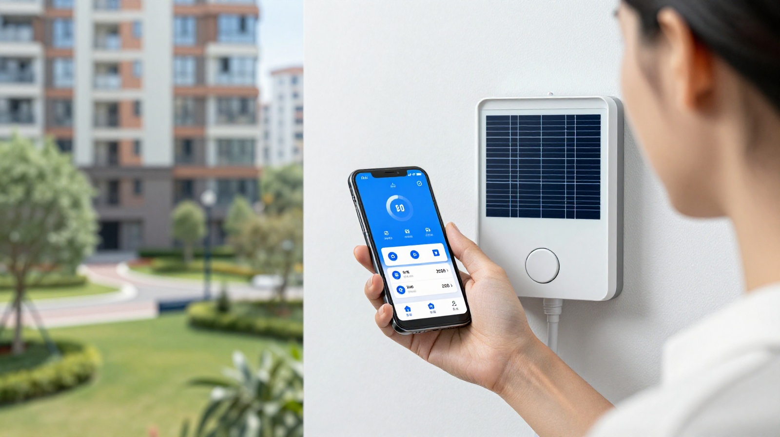 A Chinese resident checking real-time energy data on a smartphone next to a home solar installation