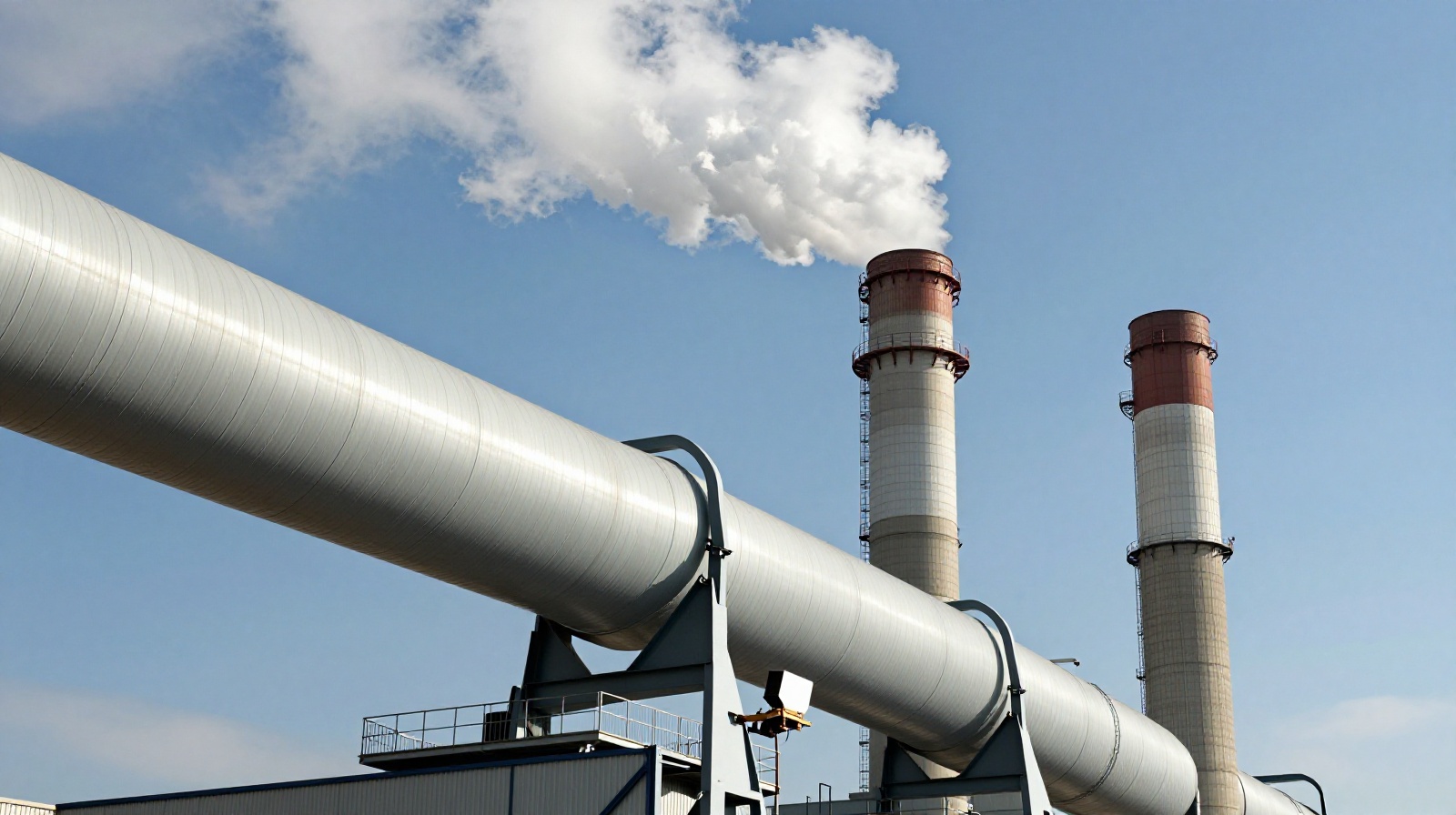 Industrial smokestack equipped with modern green technology scrubbers emitting clean air against a clear blue sky in China