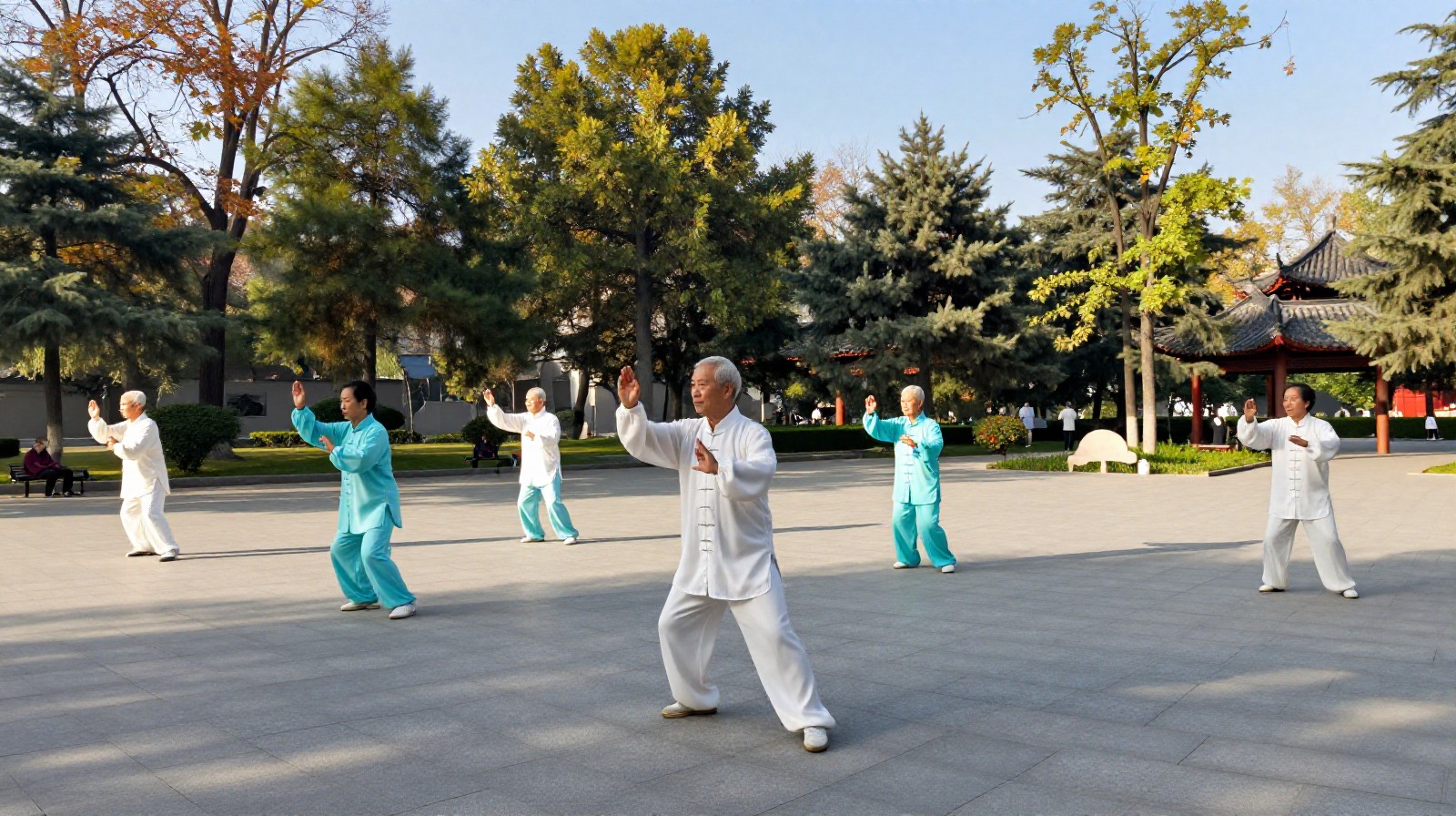 Seniors practicing Tai Chi in a Beijing park on a clear sunny day after years of smog improvement