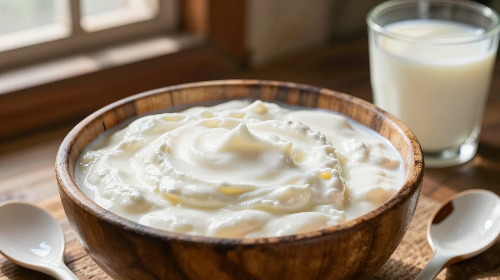 Traditional bowl of homemade yak yogurt served with milk tea on a wooden table in a Qinghai home