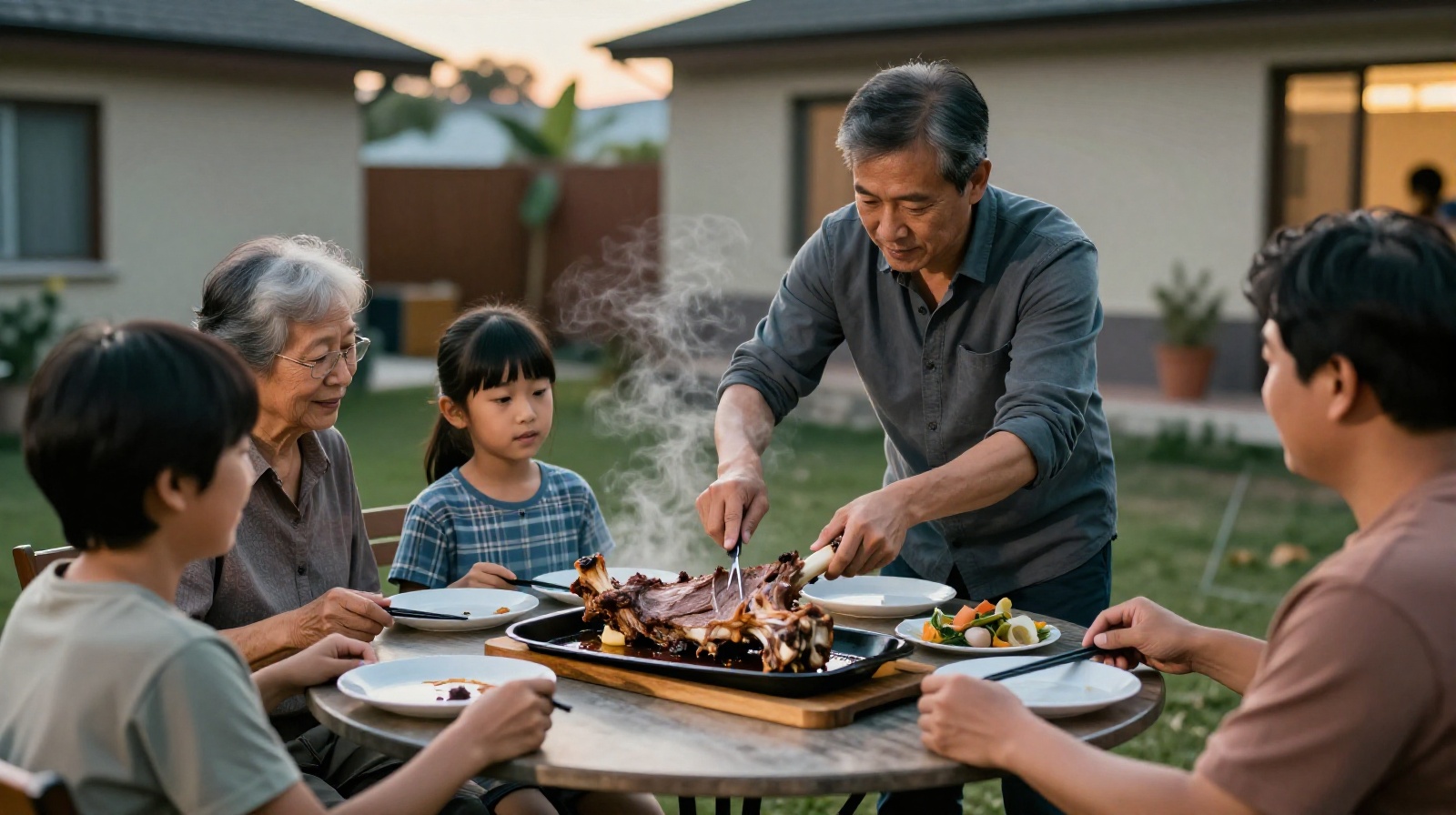 A Chinese family sharing a meal of roasted lamb in a home garden in Qinghai