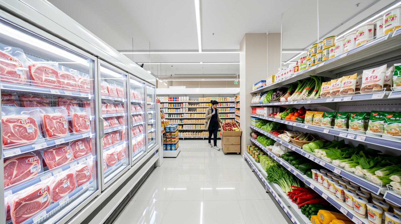 Interior of a modern grocery store in Qinghai displaying both traditional and imported food products