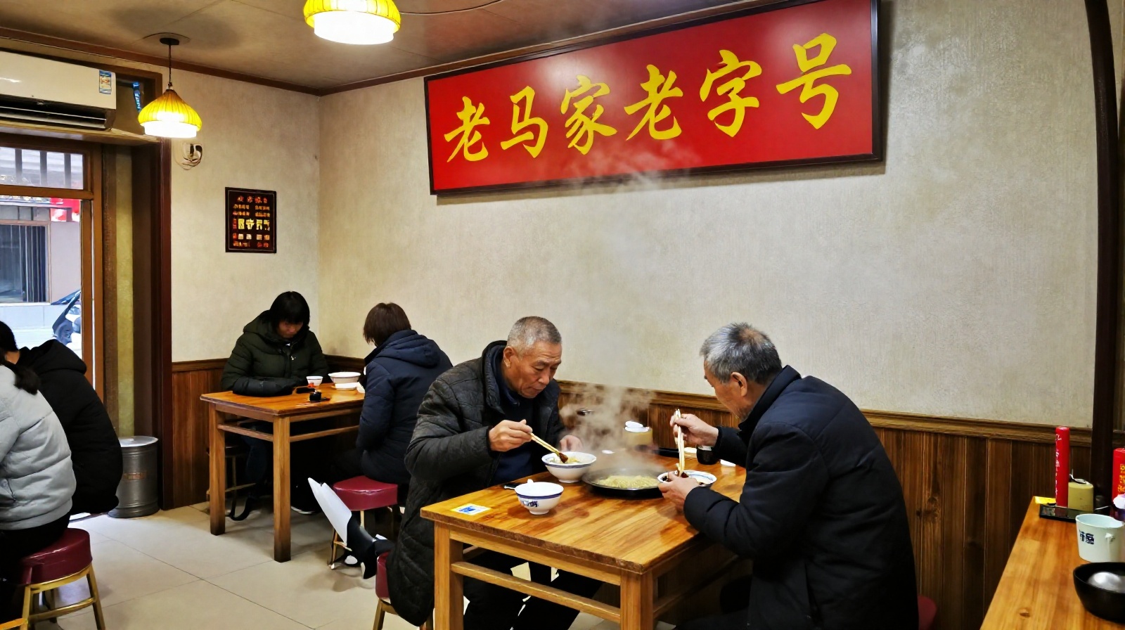 Tourist and elderly Chinese man sharing a meal of hot noodles at a street food stall in Xining