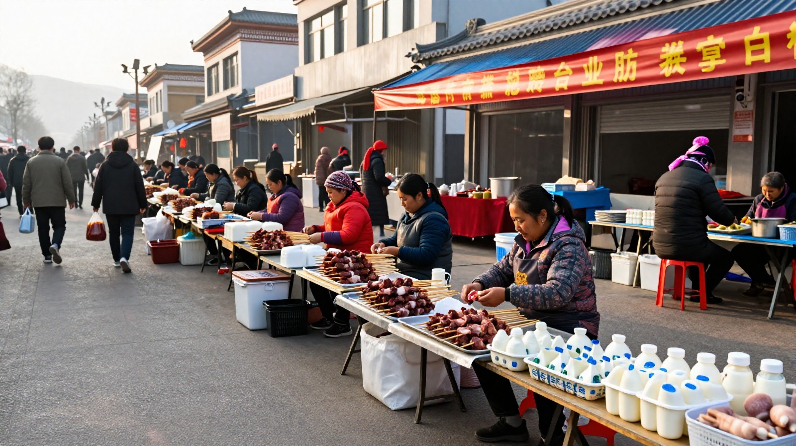 Rural women vendors selling yak meat and dairy products at a bustling morning market in Xining