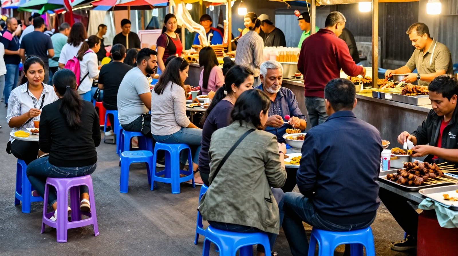 Diverse customers sitting side by side eating lamb skewers at a shared table in Xining