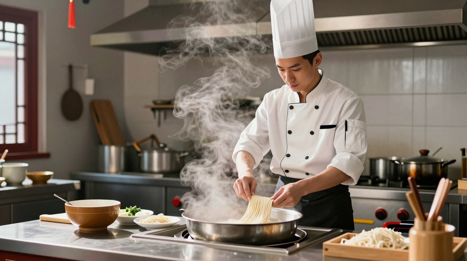 Young rural entrepreneur cooking handmade noodles in his popular restaurant in Xining