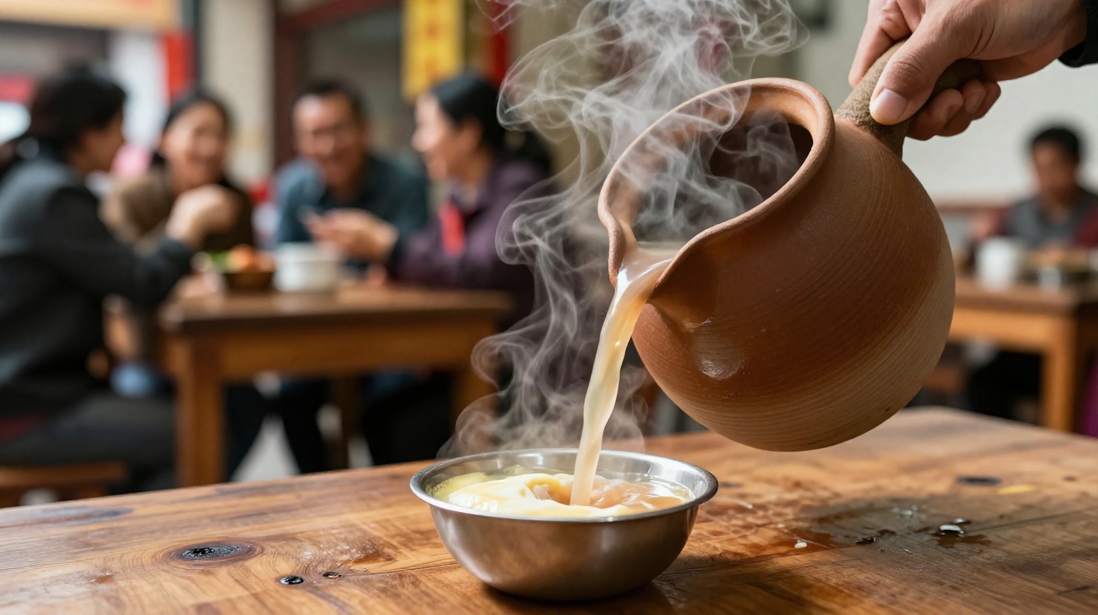 Close-up of traditional clay pot pouring hot butter tea into a metal bowl on a wooden table inside a busy Xining cafe with people chatting in the background