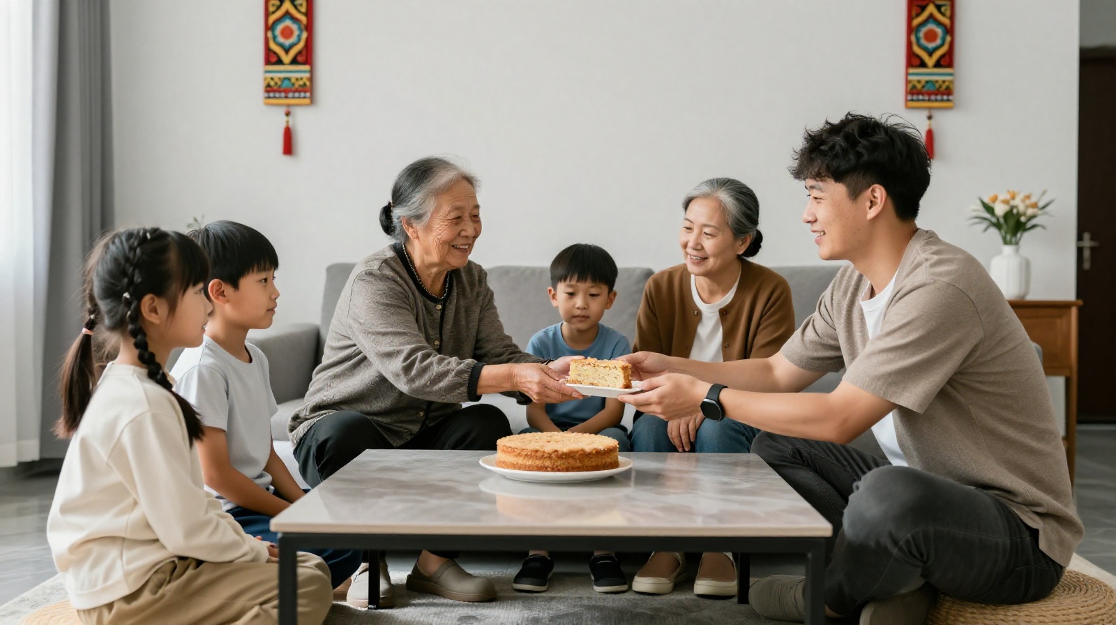 An elderly woman and a young man sharing highland barley biscuits at a living room table in a modern Qinghai home