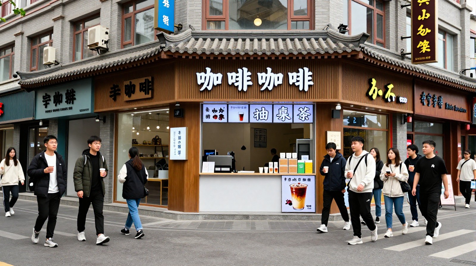 Busy street corner in Xining showing a cafe sign advertising both coffee and traditional butter tea to young pedestrians