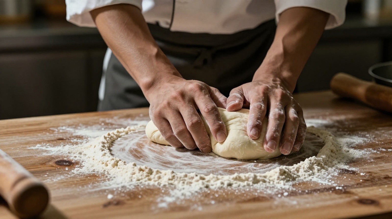 Close-up view of a Chinese chef stretching dough for hand-pulled noodles in Xining