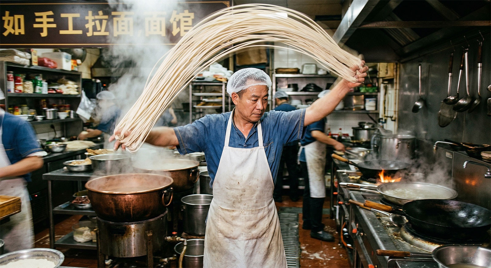 Chef stretching hand-pulled noodles in a traditional Chinese noodle shop